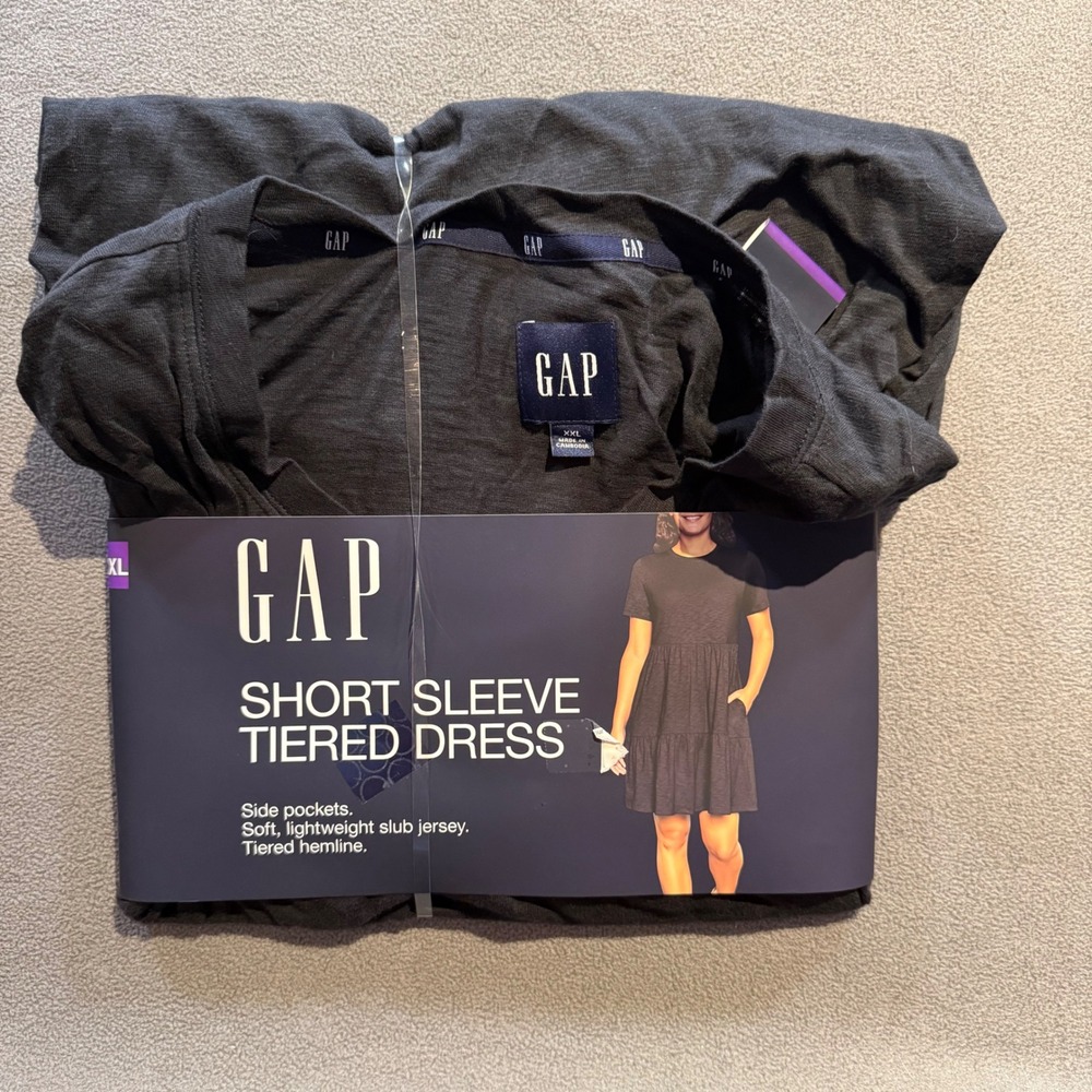 Gap Womens XXL True Black Slub Jersey Short Sleeve Tiered Dress GP004071 NEW